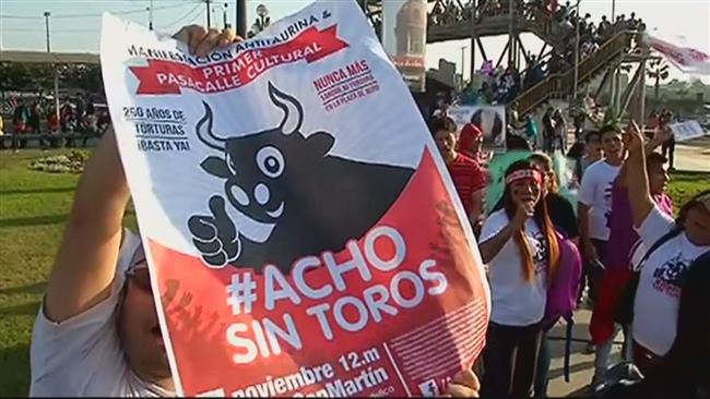 Peruvians protest against bullfighting in Lima