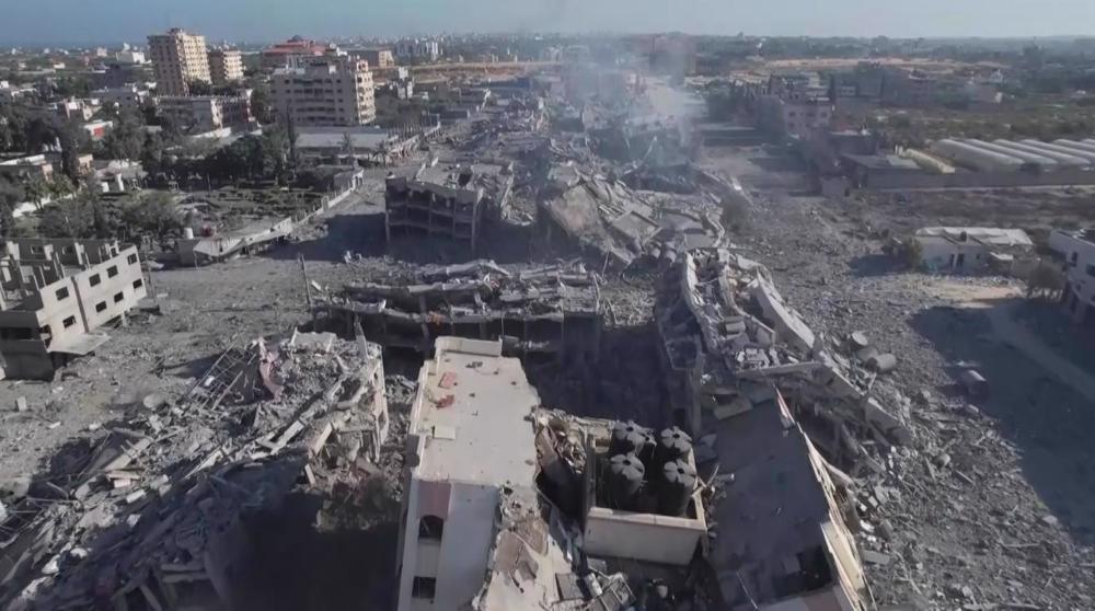 Drone footage shows flattened Gaza neighborhood after Israel airstrikes