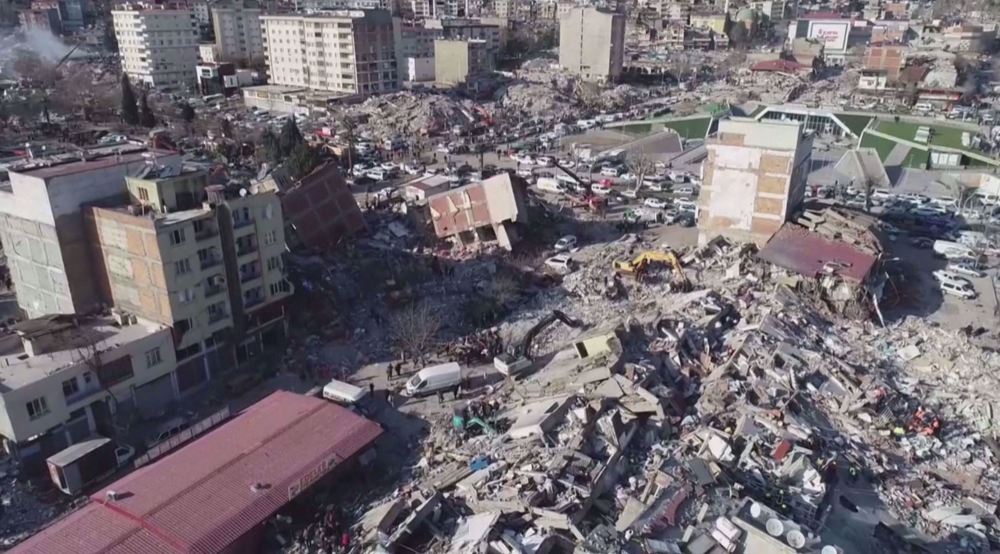 Drone footage shows collapsed buildings in quake-hit Turkish province