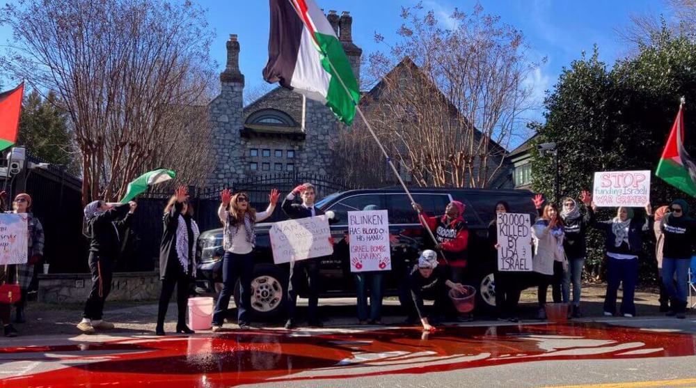 ‘Secretary of genocide’: Gaza protesters stay put outside Blinken’s home, urge truce