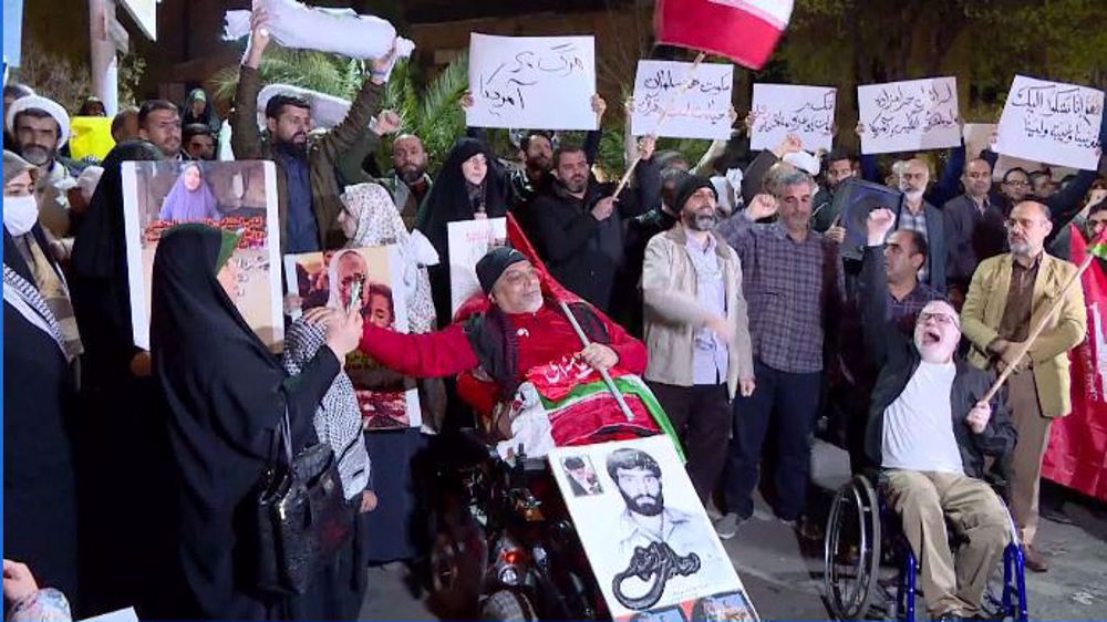 Pro-Palestine demonstrators rally outside UK embassy in Tehran