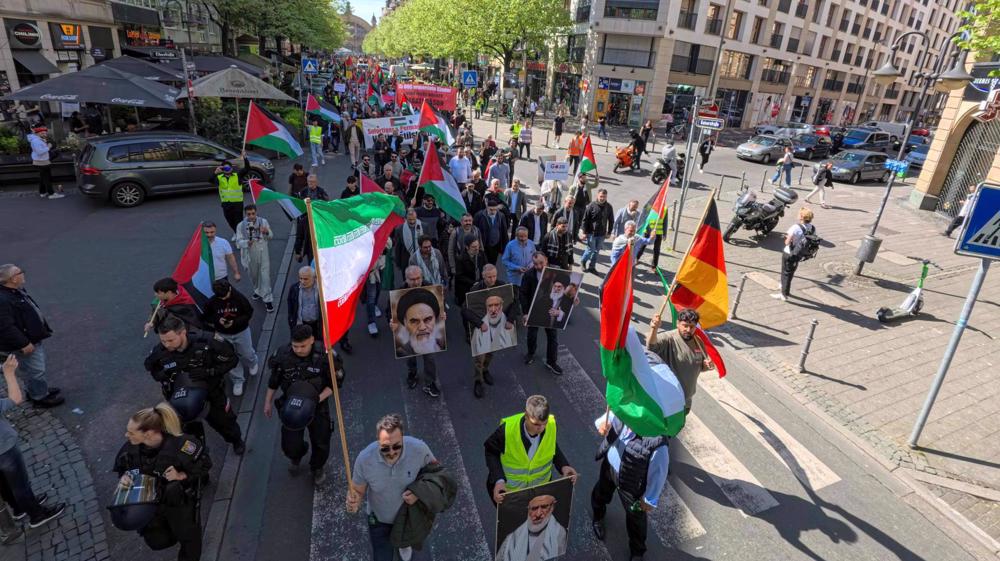 Pro-Palestinian protesters march in Frankfurt on Quds Day