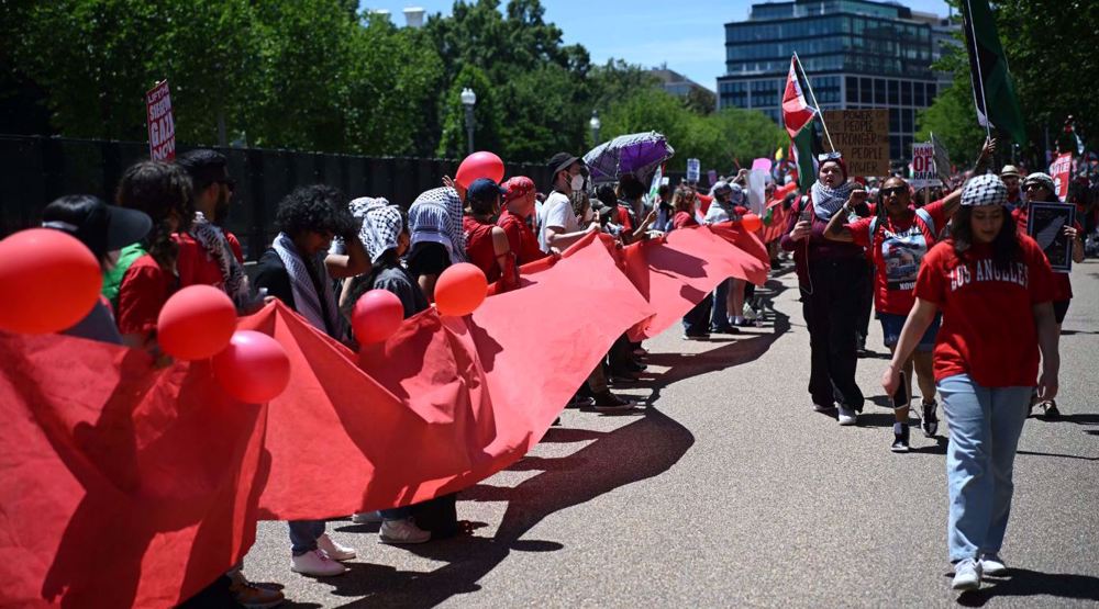 ‘Coward Biden’: Pro-Palestinian protesters stage ‘red line’ rally at White House