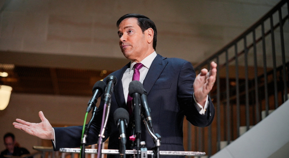 US Secretary of State Marco Rubio speaks to the media on the day of a briefing for Congressional lea