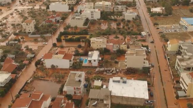 Drone footage captures widespread flooding in Greece